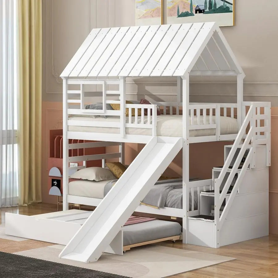 Harper Bright Designs Kids Bunk Beds with extra trundle,  slide and stairs. Tree house like.