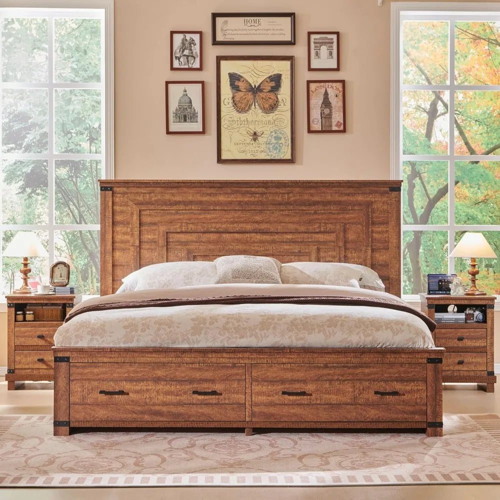 Farmhouse Queen Size Wood Bed Frame 54' Tall Geometric Headboard, 2 Drawers