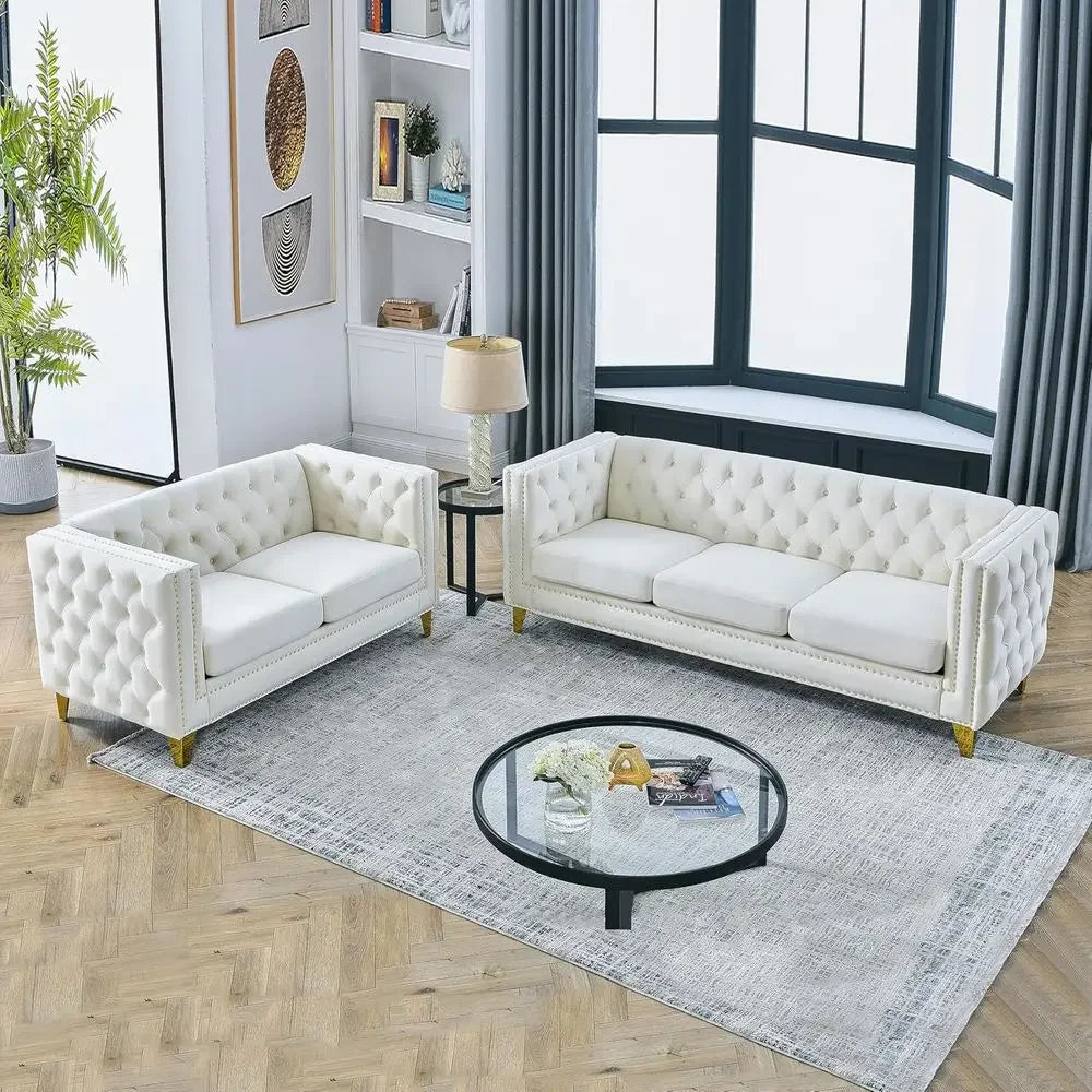 Velvet Tufted Sofa Set (Sofa & LoveSeat)with Nailhead Trims and Metal Legs