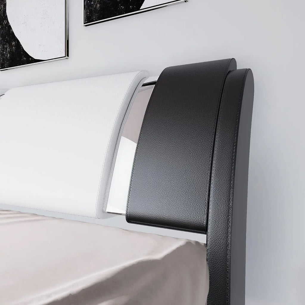 King Upholstered Platform Bed Curved Adjustable Headboard Black & White
