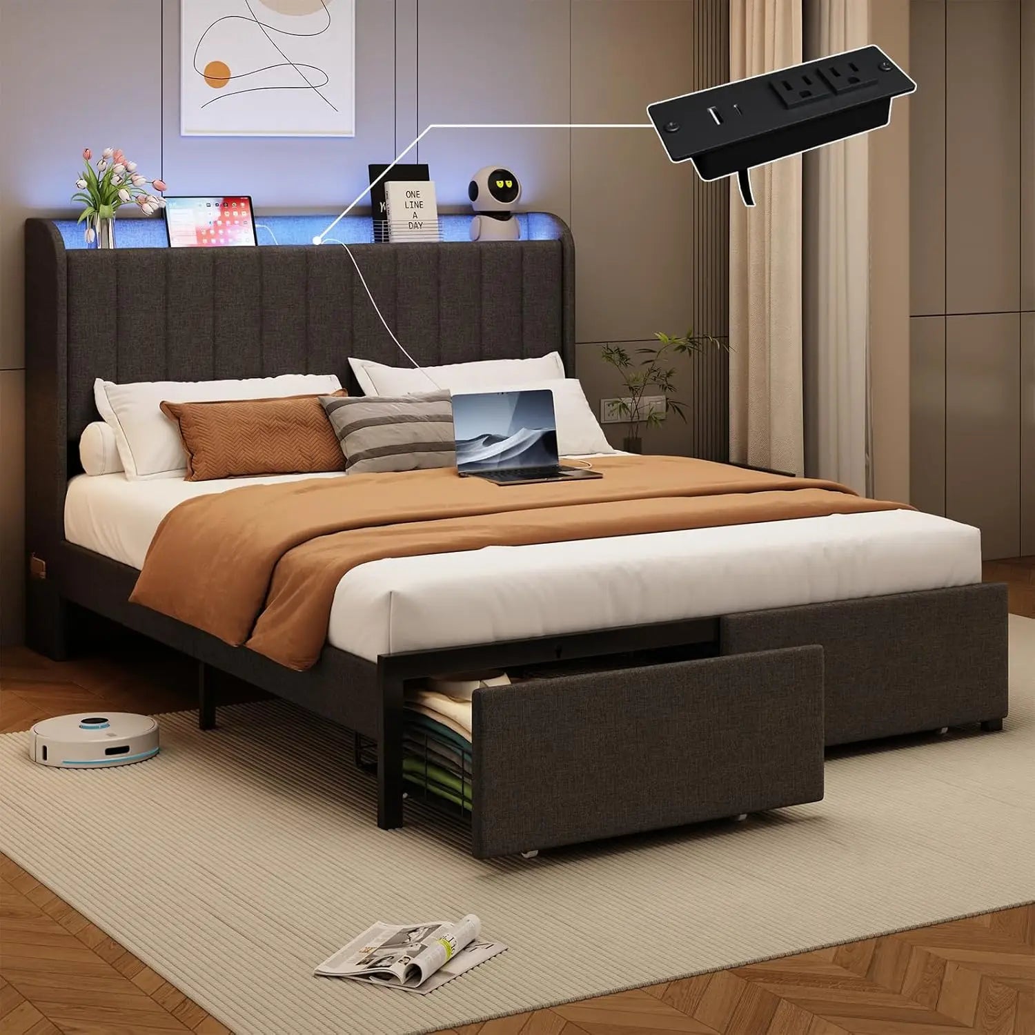 Queen Size Bed Frames with Storage Headboard and 2 Drawers