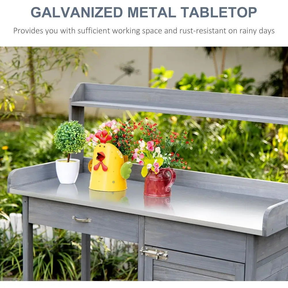 Outdoor Potting Bench Table, Garden Work Station with Storage Cabinet, Open Shelf and Steel Tabletop, Gray