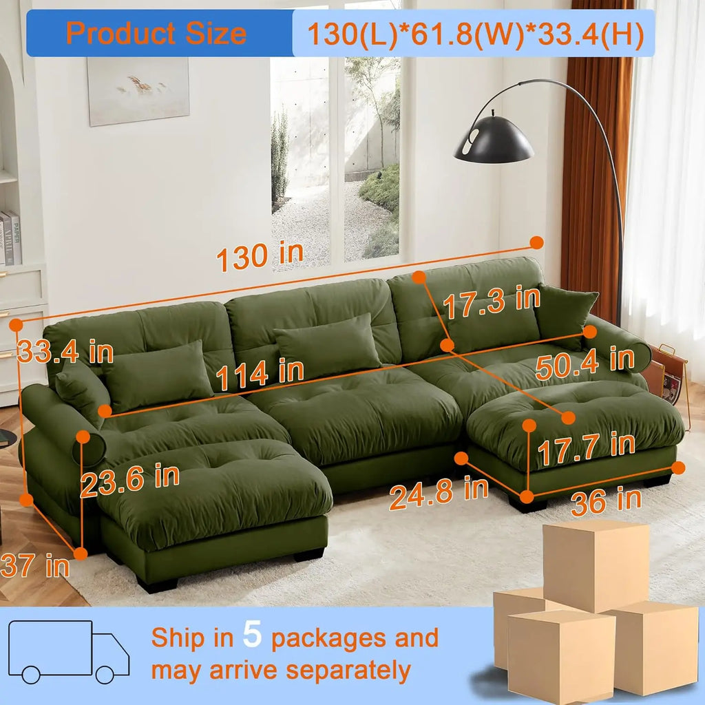 130" U Shaped Modular Sectional Sofa with Ottoman Deep Seat Velvet