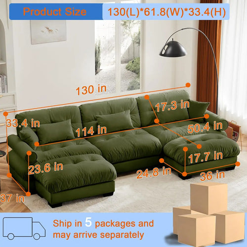 130" U Shaped Modular Sectional Sofa with Ottoman Deep Seat Velvet