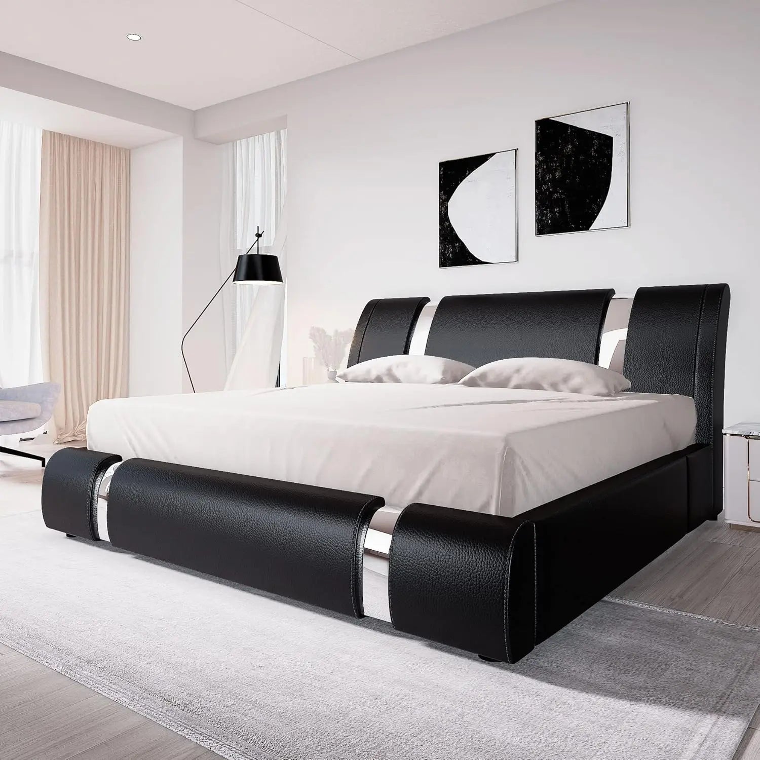 King Upholstered Platform Bed Curved Adjustable Headboard Black & White