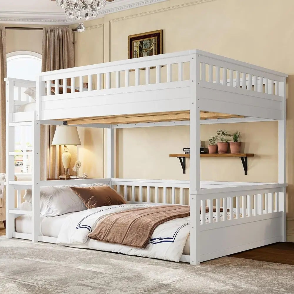 Queen Over Queen Wooden Bunk Bed with Ladder, Guardrail, Detachable