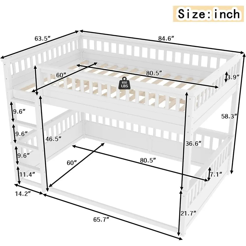 Queen Over Queen Wooden Bunk Bed with Ladder, Guardrail, Detachable