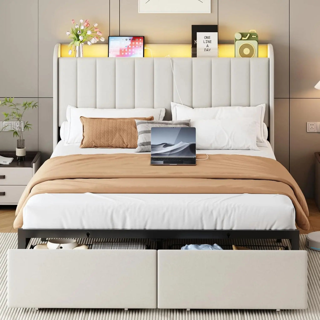 Queen Size Bed Frames with Storage Headboard and 2 Drawers