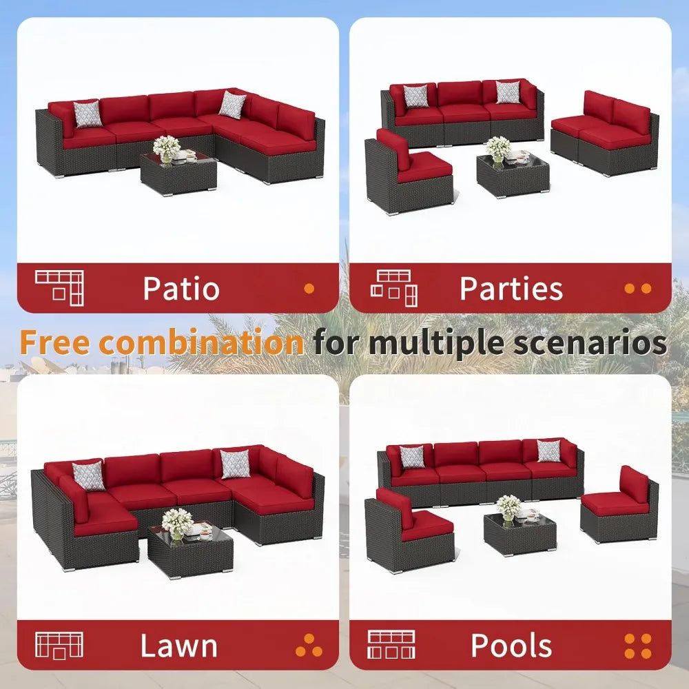 7-Piece Outdoor Patio Furniture Sofa Set Glass Top Table and Cushions(Red)