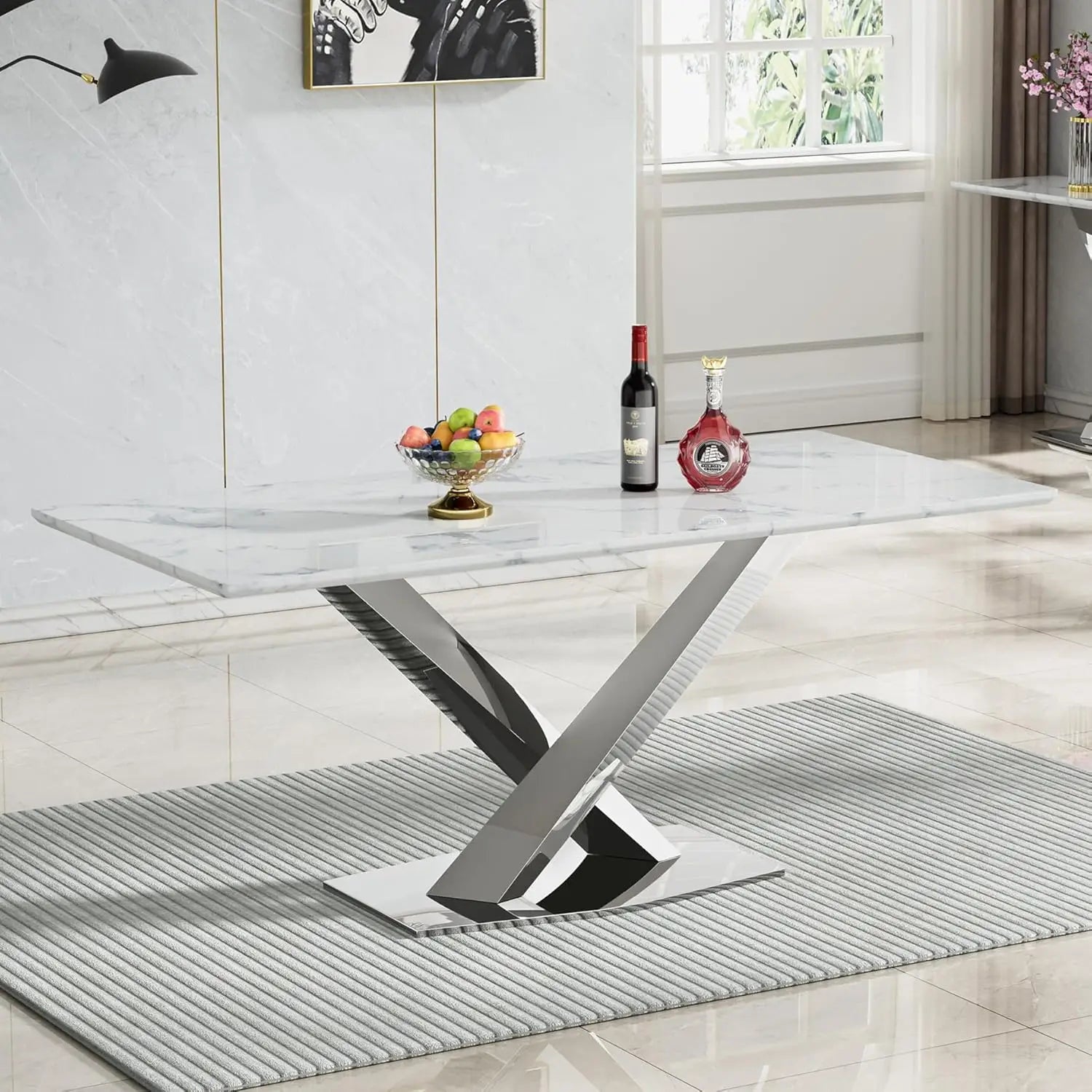 Modern White Marble Dining Table for 6-8 Rectangle 68" Faux Marble Kitchen