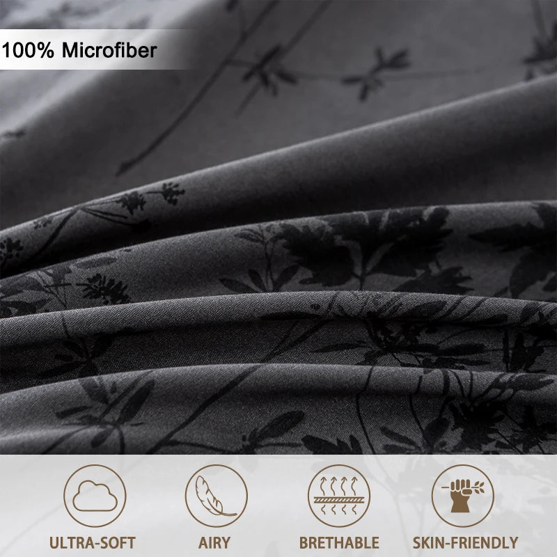 Black and White Plant Print Three-Piece Duvet Cover Set (T-K)