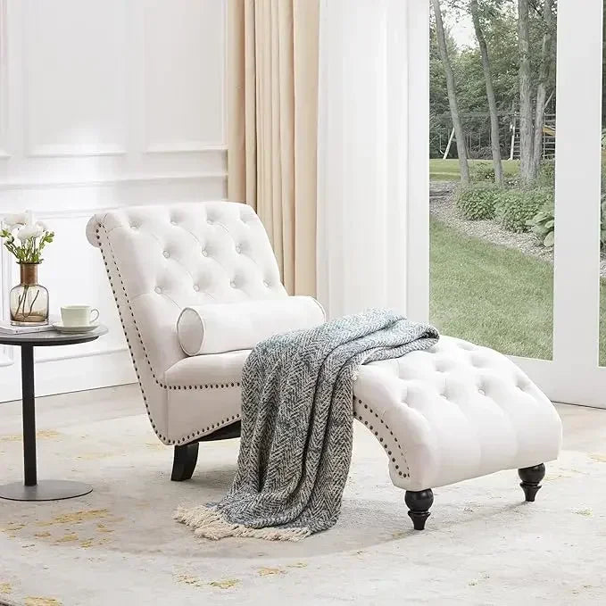 Iindoor upholstered button tufted chaise lounge with solid wood legs