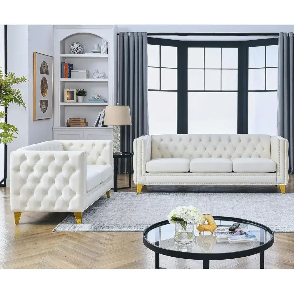 Velvet Tufted Sofa Set (Sofa & LoveSeat)with Nailhead Trims and Metal Legs