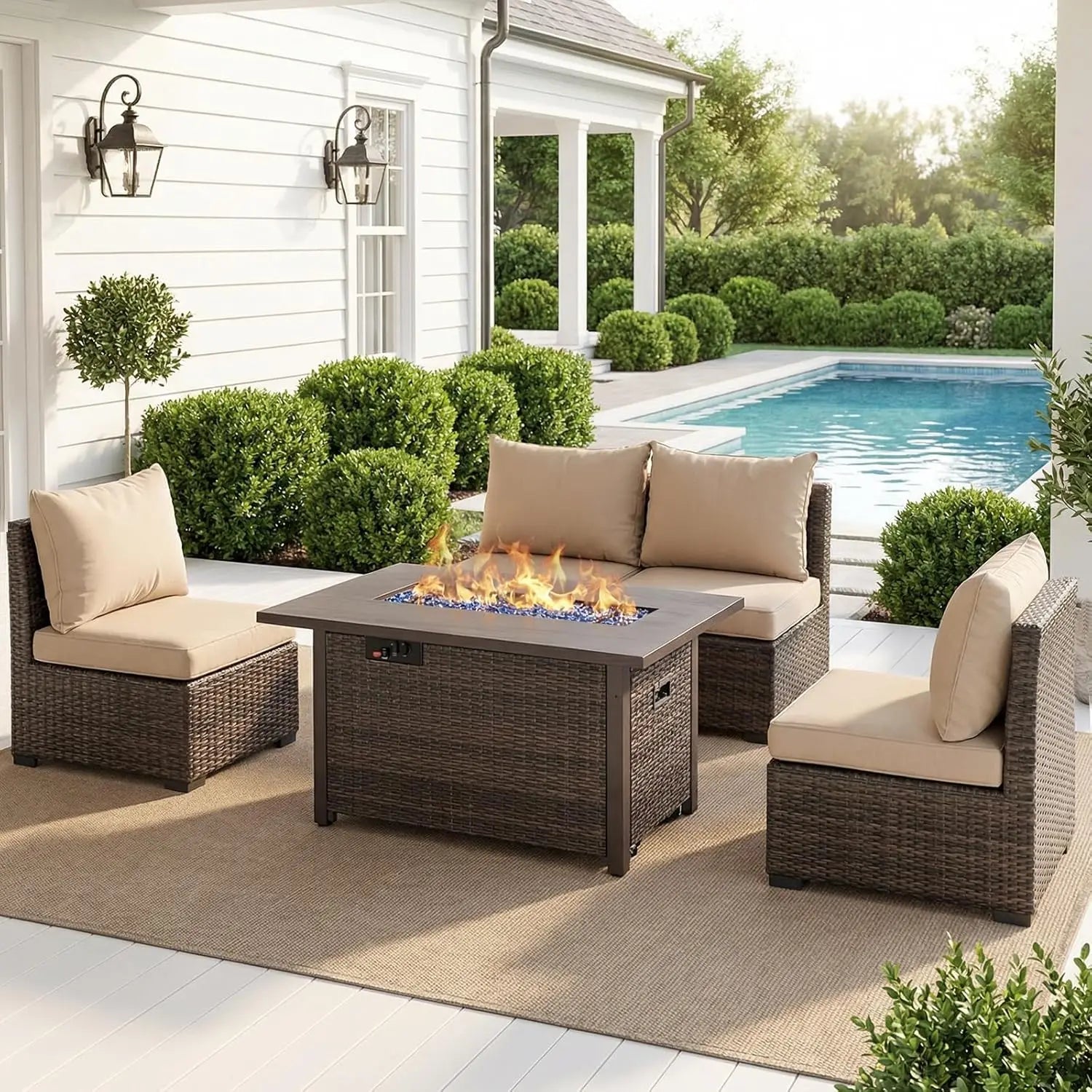 Patio Furniture Set with Fire Pit Table, Outdoor Sectional Rattan Sofa Set
