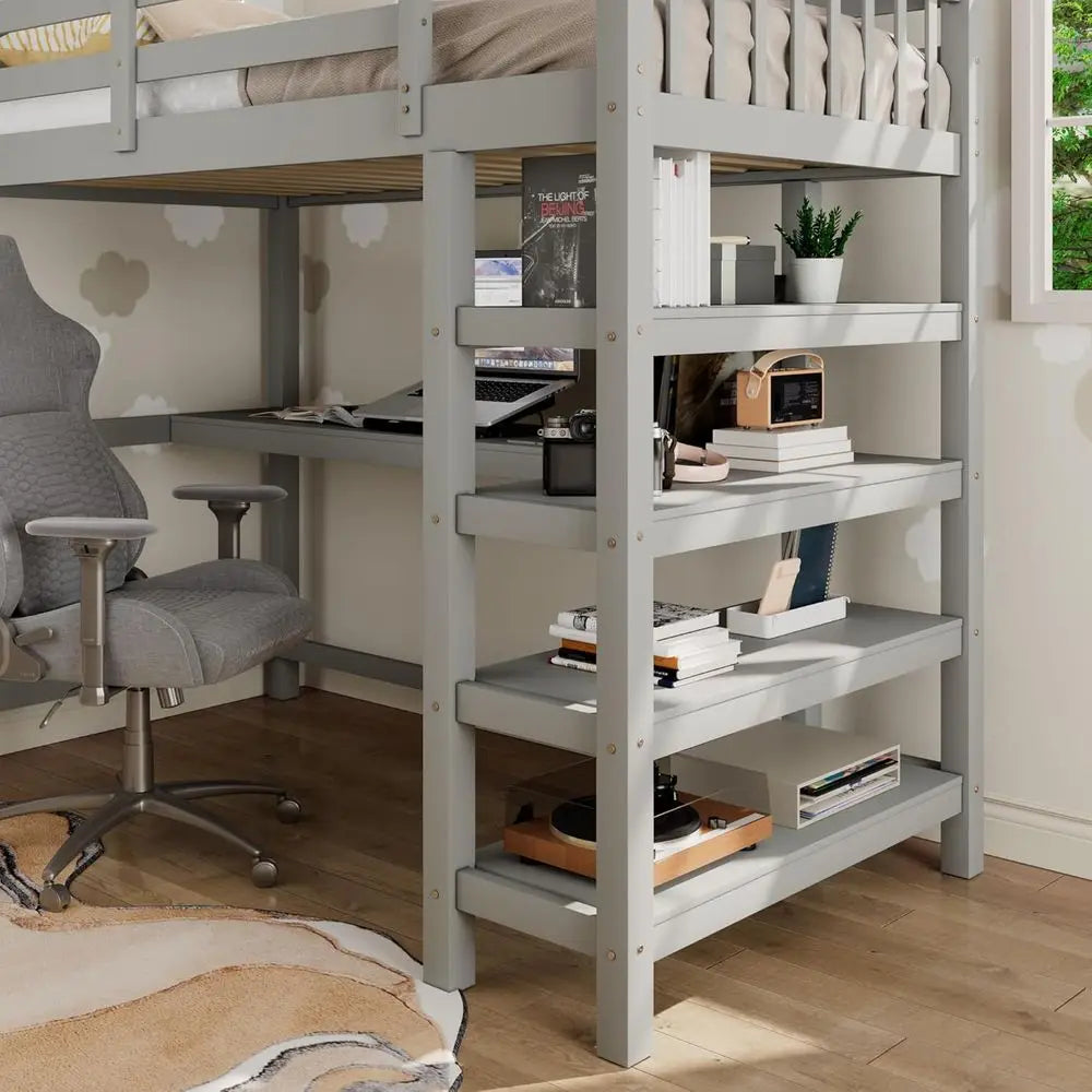 Full-Size Loft Bed with Desk, 4 Storage Shelves, and Underbed Workstation