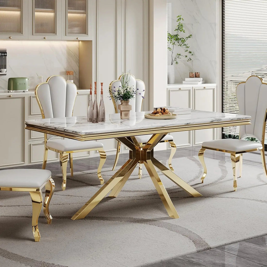 Modern White Marble Dining Table for 6-8 Rectangle 68" Faux Marble Kitchen