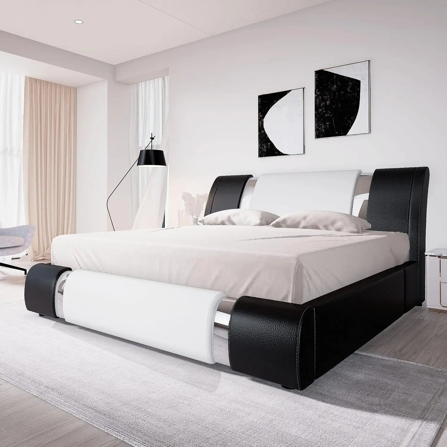 King Upholstered Platform Bed Curved Adjustable Headboard Black & White