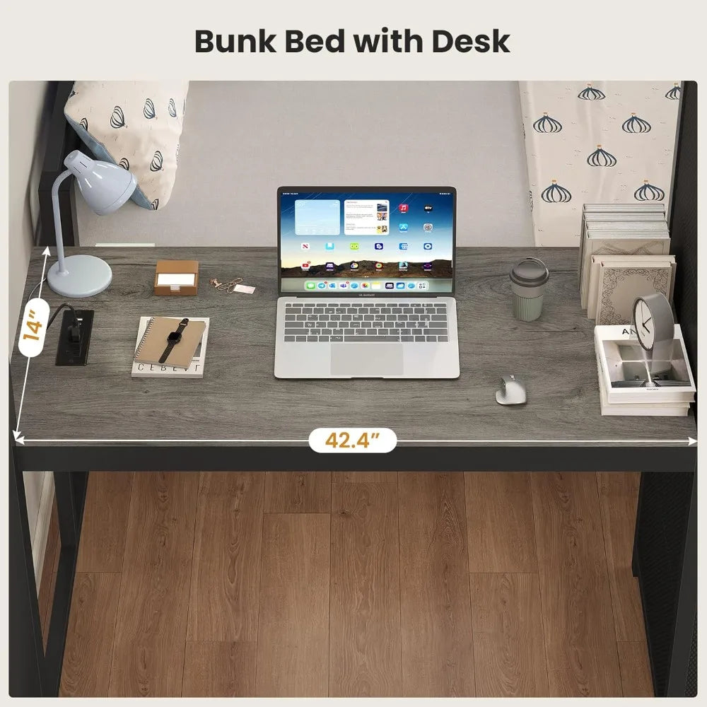 Full Bunk Bed with Desk,  5 Storage Drawers & Charging Station, LED Lights
