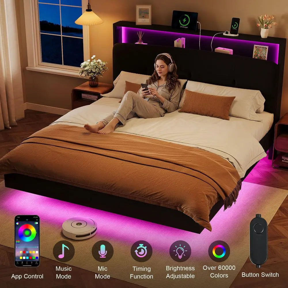 Floating Bed Frame King with Charging Station amp Led Light,