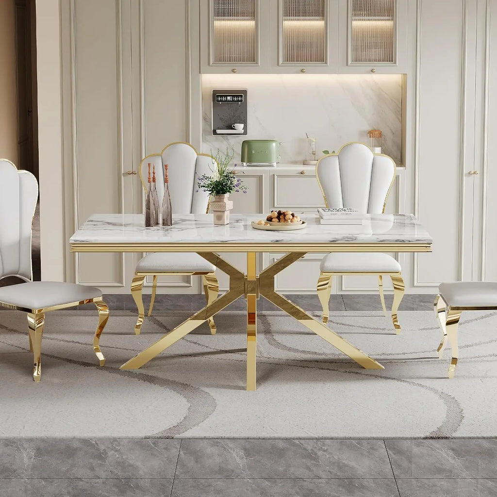 Modern White Marble Dining Table for 6-8 Rectangle 68" Faux Marble Kitchen