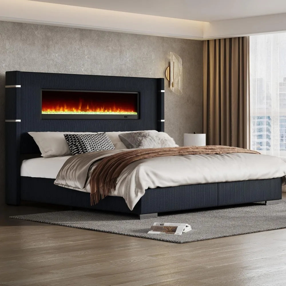 Modern King Size Bed Frame with Fireplace headboard