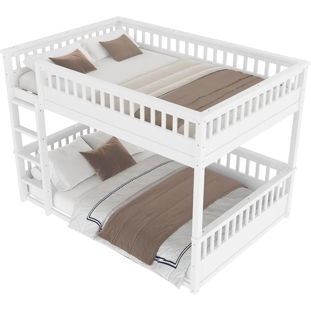 Queen Over Queen Wooden Bunk Bed with Ladder, Guardrail, Detachable