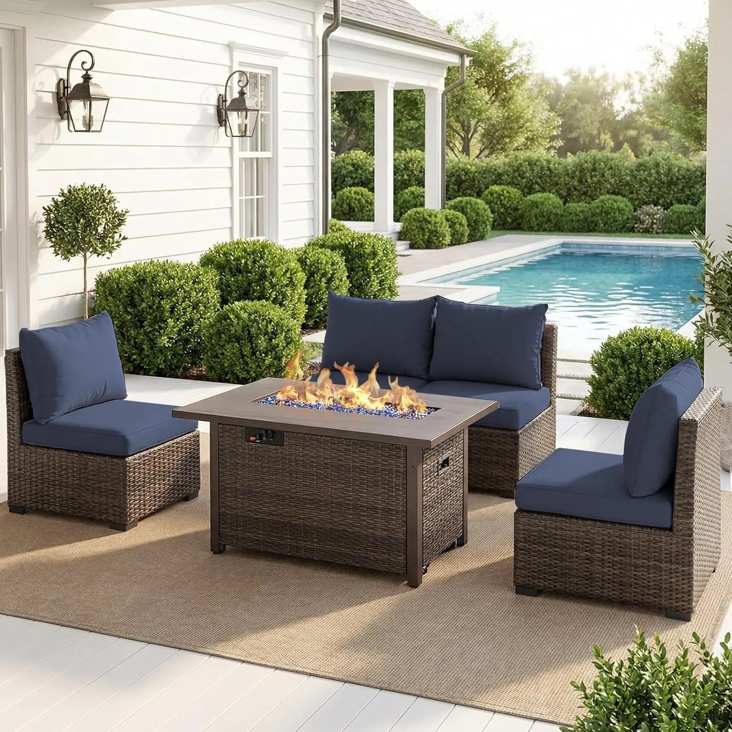 Patio Furniture Set with Fire Pit Table, Outdoor Sectional Rattan Sofa Set