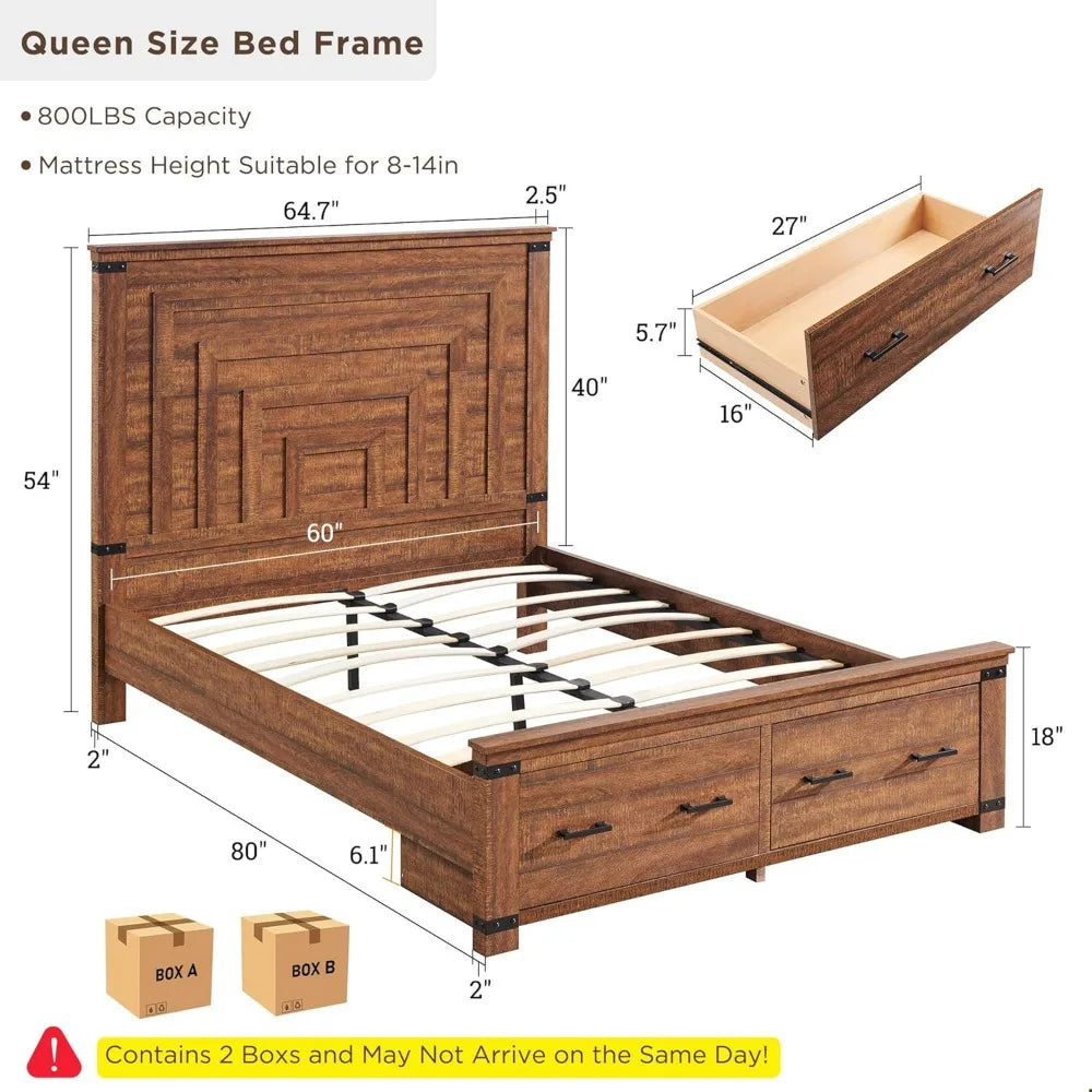Farmhouse Queen Size Wood Bed Frame 54' Tall Geometric Headboard, 2 Drawers