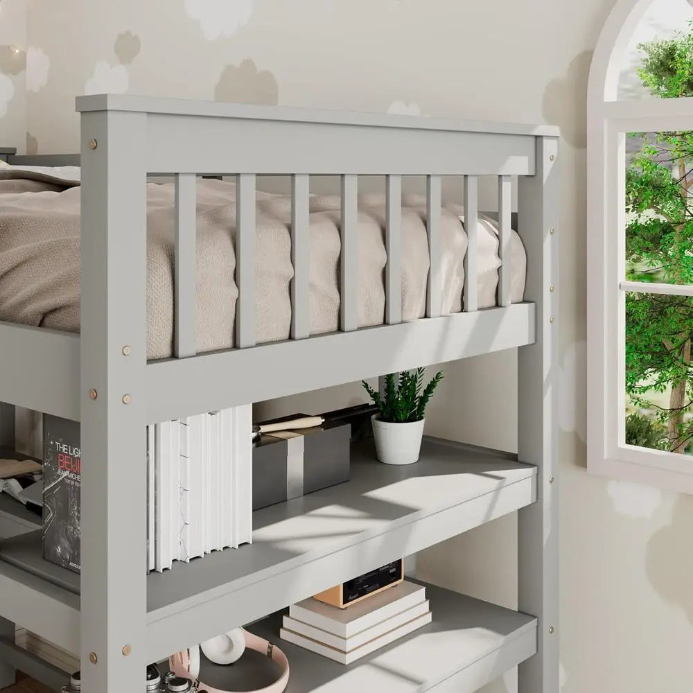 Full-Size Loft Bed with Desk, 4 Storage Shelves, and Underbed Workstation