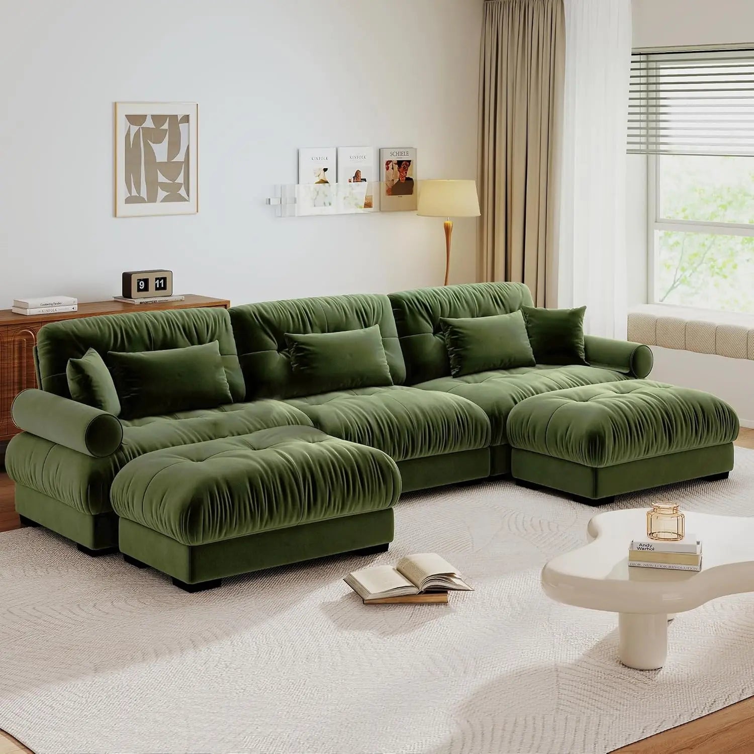 130" U Shaped Modular Sectional Sofa with Ottoman Deep Seat Velvet