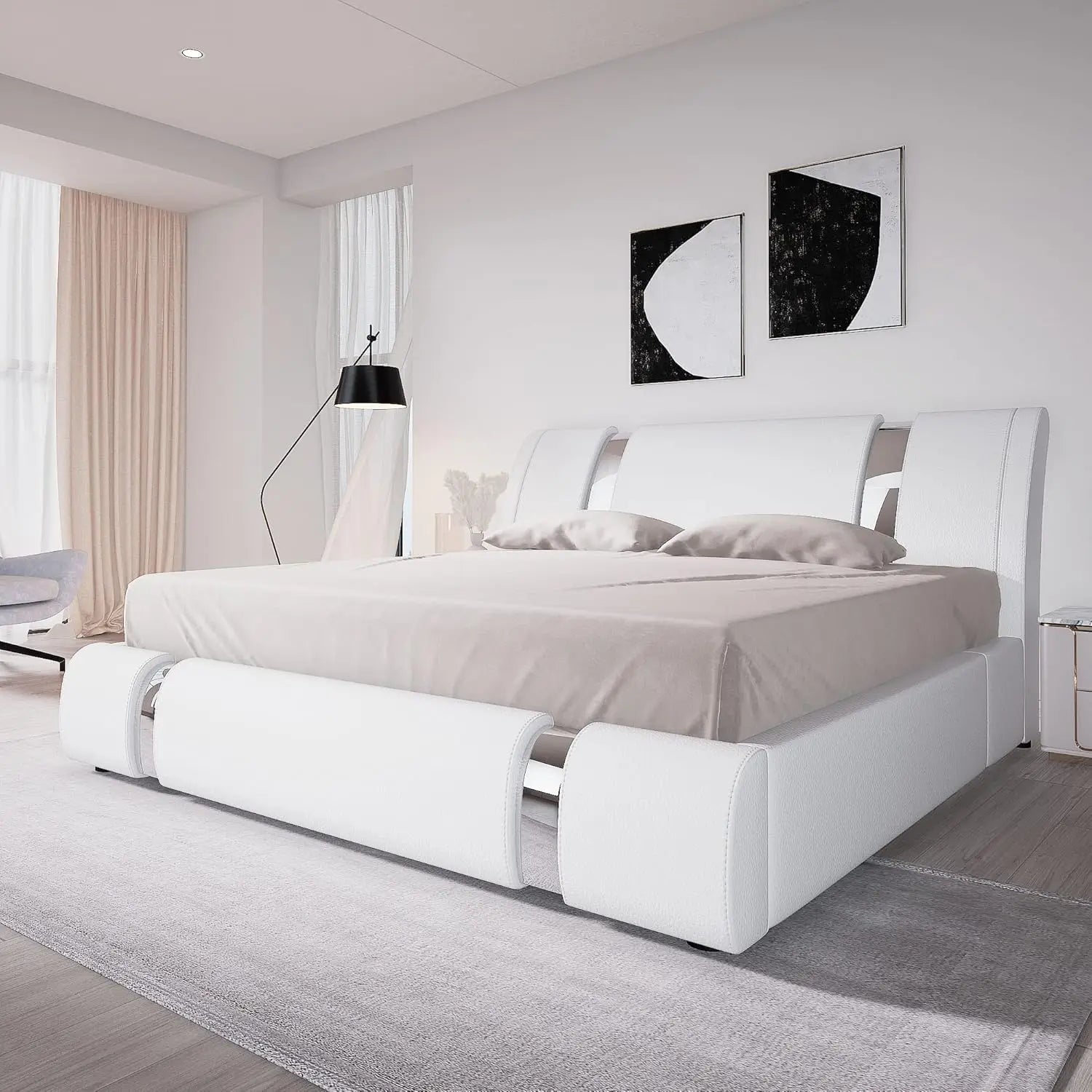 King Upholstered Platform Bed Curved Adjustable Headboard Black & White
