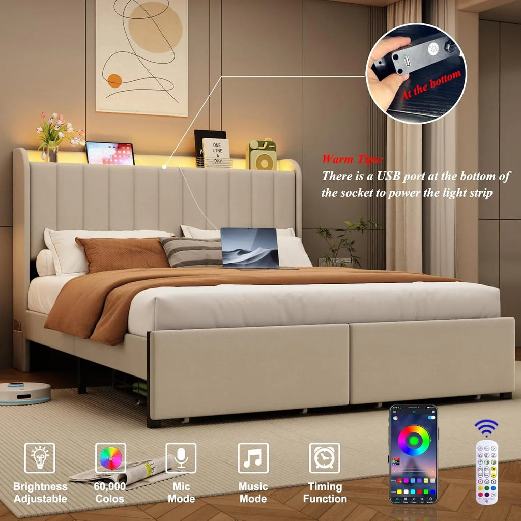 Queen Size Bed Frames with Storage Headboard and 2 Drawers