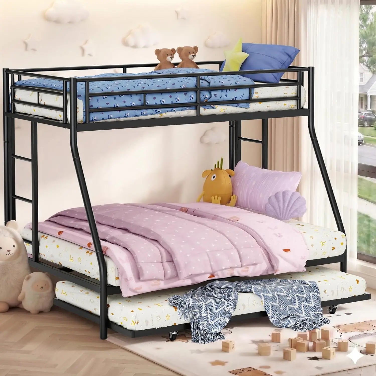 3 beds Metal Twin/Full Bunk Bed with Trundle Steel Frame Guardrails Ladder