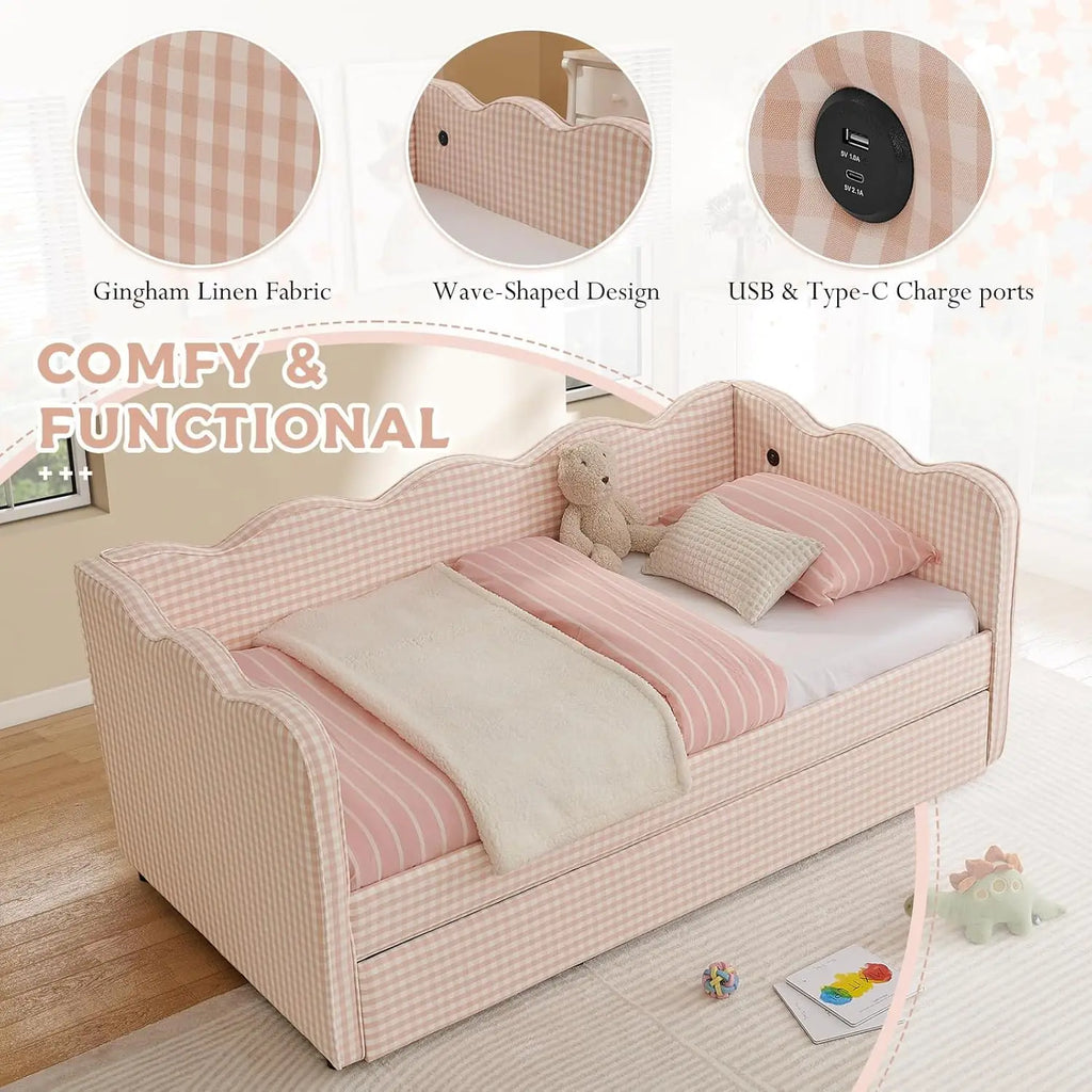 Twin Daybed Pop Up Trundle Linen Upholstered Convertible Sofa
