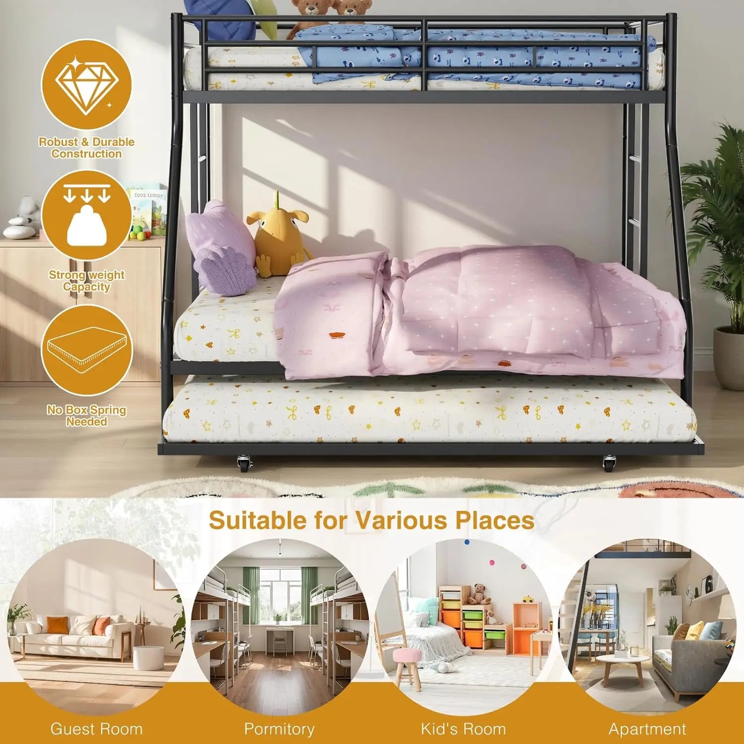 3 beds Metal Twin/Full Bunk Bed with Trundle Steel Frame Guardrails Ladder