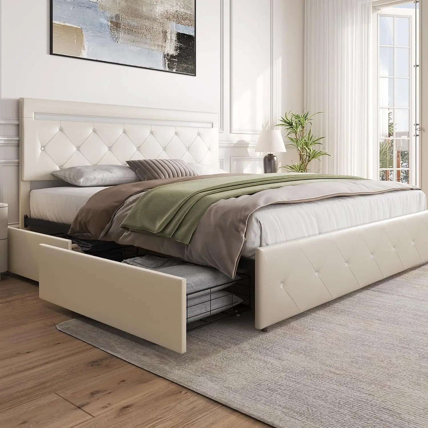 Platform Storage Bed Frame with 4 Drawers and LED Light, (no King available)