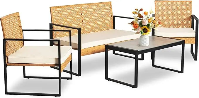 4 Piece Outdoor Wicker Patio Conversation Furniture Set