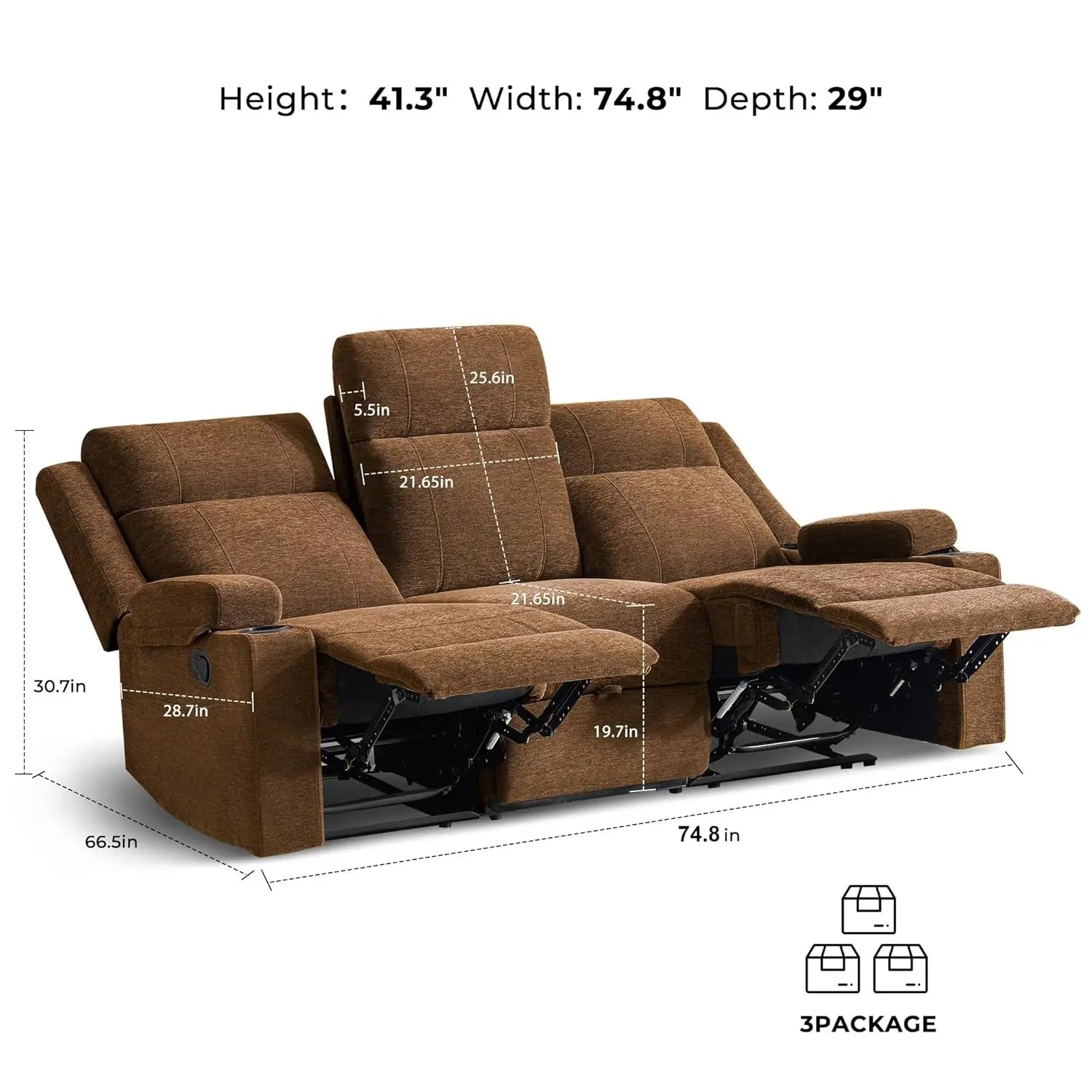 Large Manual Reclining Sofa 3 Seater Chenille Fabric, Multiple Colors