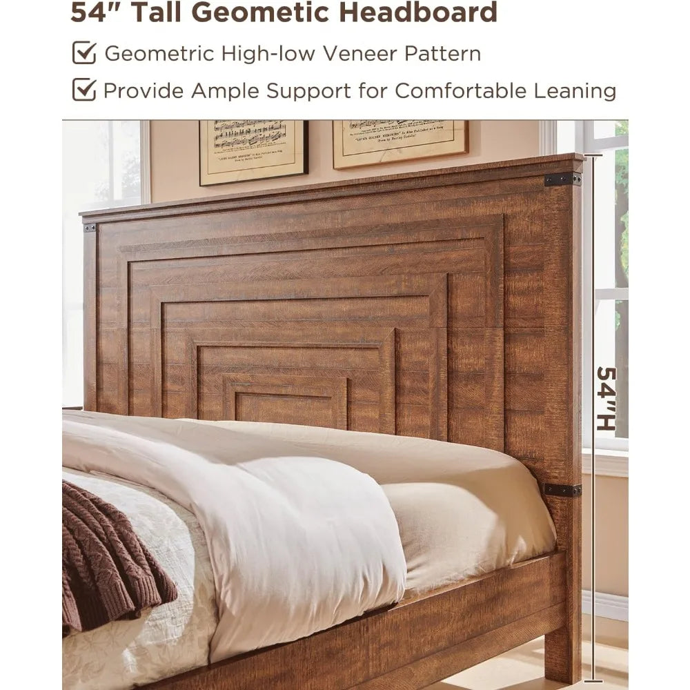 Farmhouse Queen Size Wood Bed Frame 54' Tall Geometric Headboard, 2 Drawers