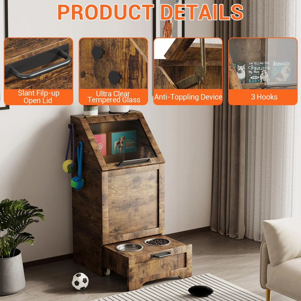 Large Dog Food Storage Cabinet with Flip Top - Pet Feeding Station