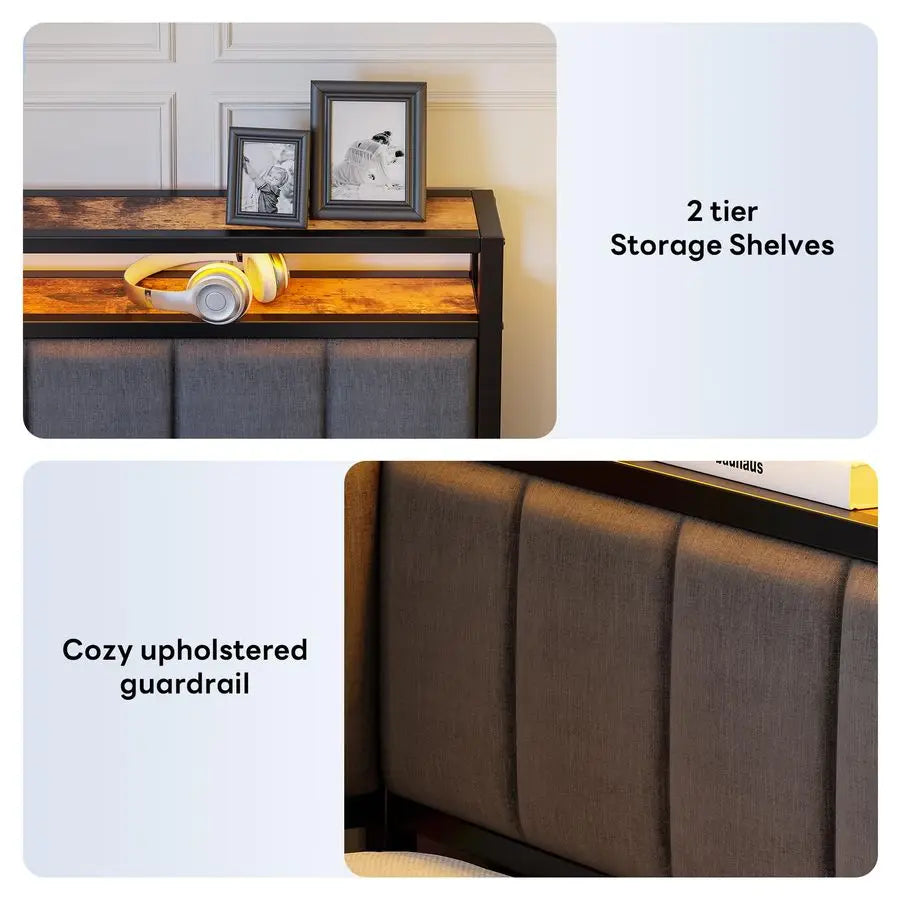 Corner Full Bed Frame with Trundle, Upholstered Storage Headboard