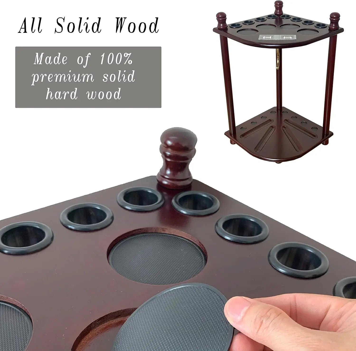 Floor Standing Pool Cue Rack 8 Sticks with Ball Hook & Scorer, Solid Wood Corner Holder