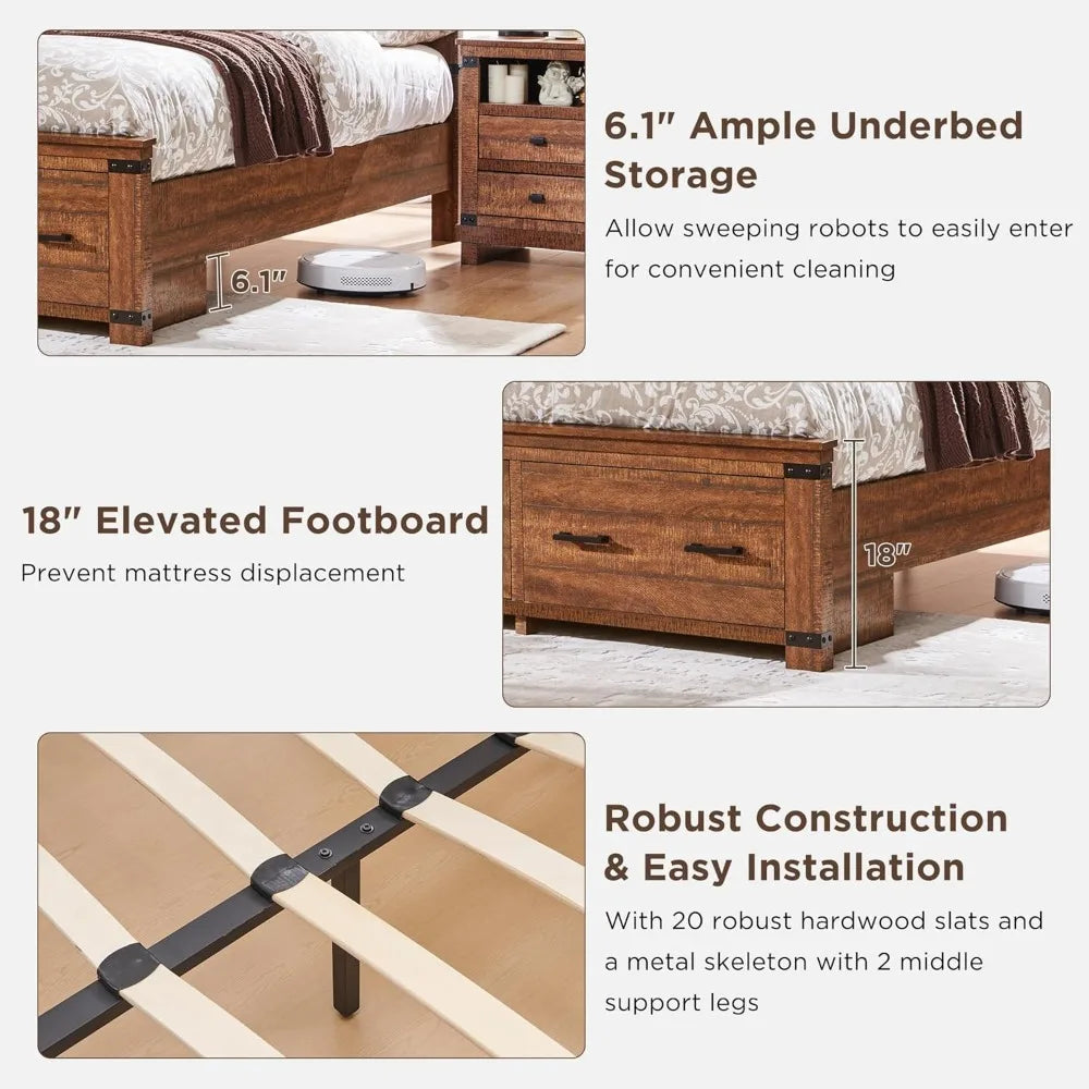 Farmhouse Queen Size Wood Bed Frame 54' Tall Geometric Headboard, 2 Drawers