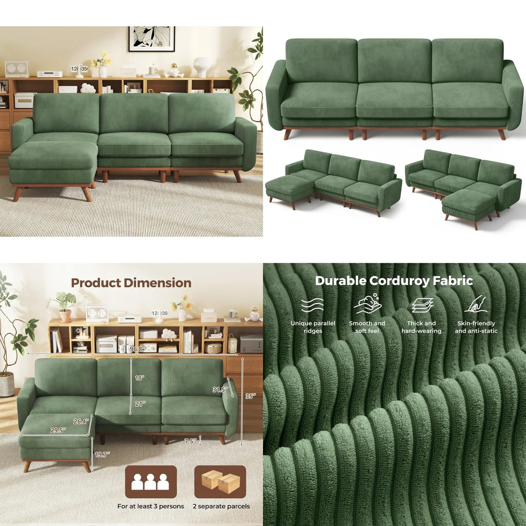 97" L-Shape Modular Sectional Sofa Corduroy 3-Seat, 2-seat & single Seat, Many colors