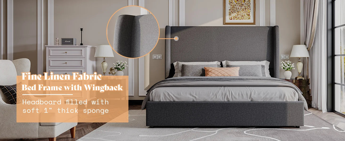 Lift Up Storage Bed King Size Linen Upholstered Platform Bed Frame