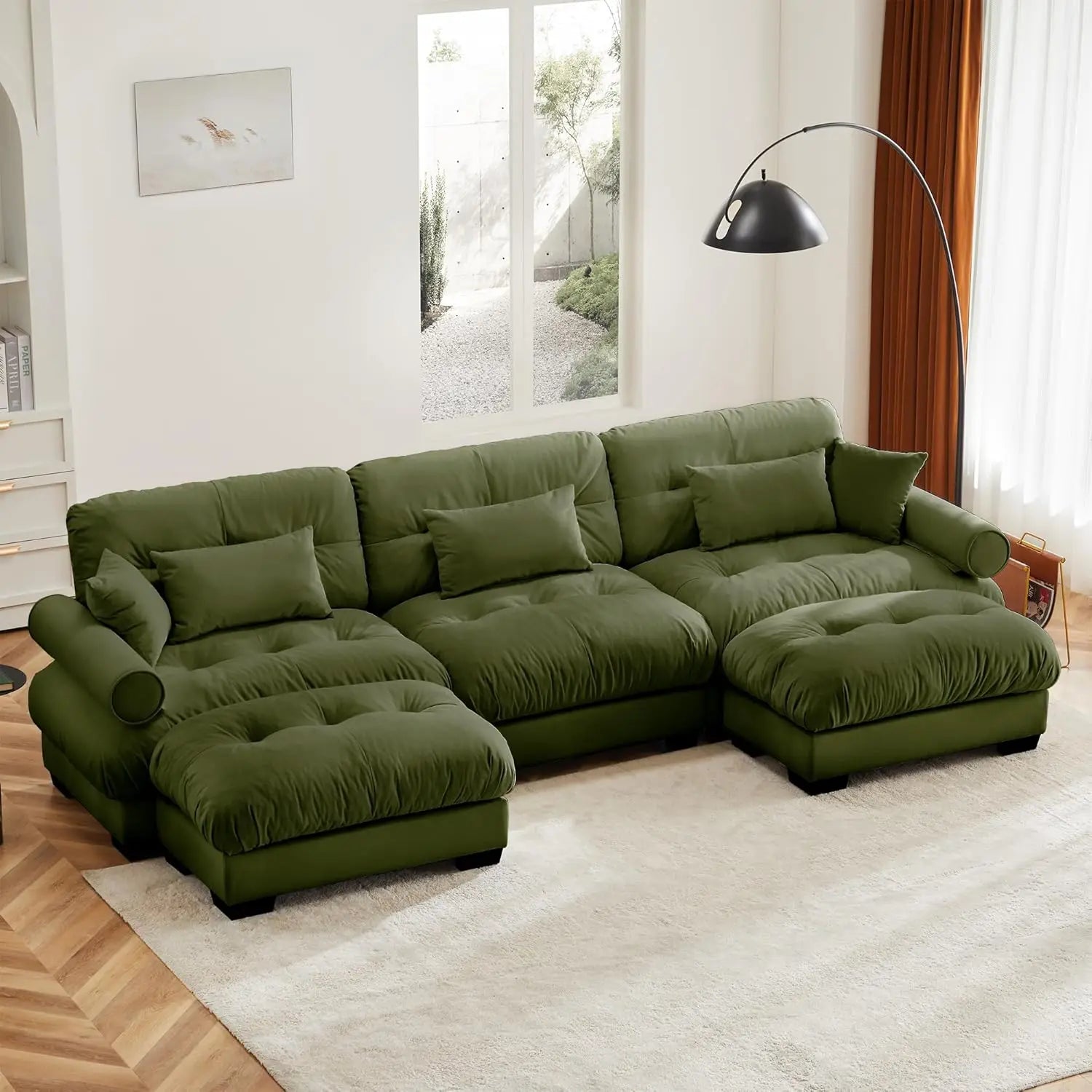 130" U Shaped Modular Sectional Sofa with Ottoman Deep Seat Velvet
