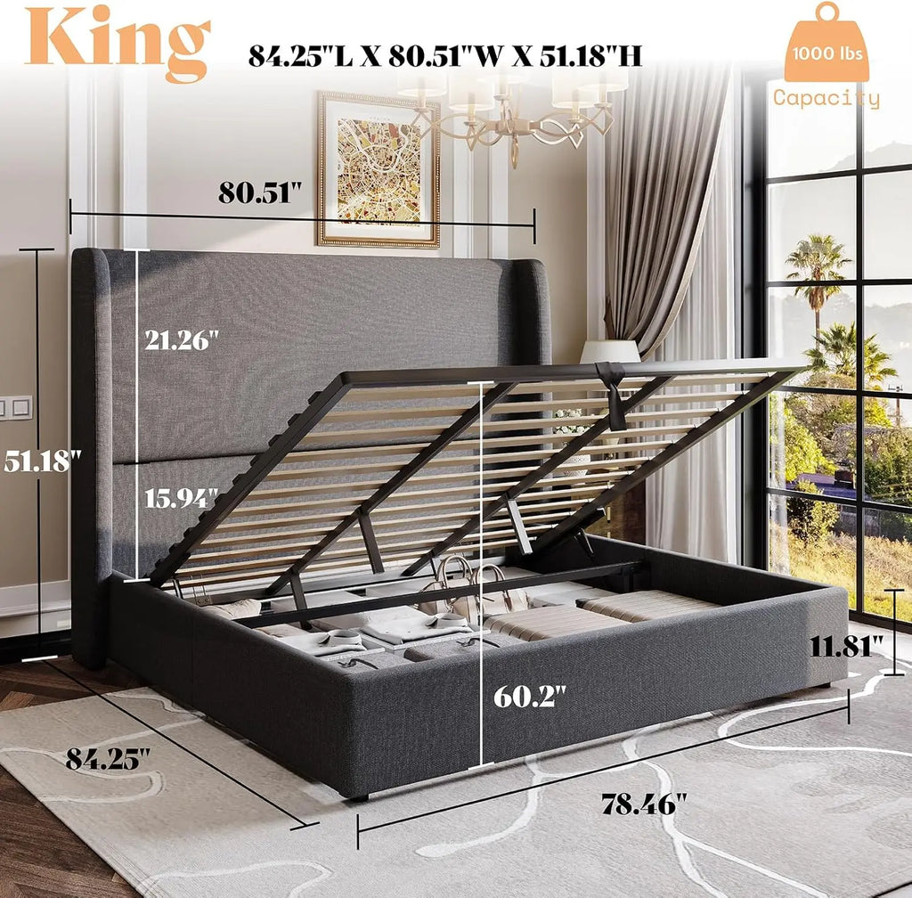 Lift Up Storage Bed King Size Linen Upholstered Platform Bed Frame