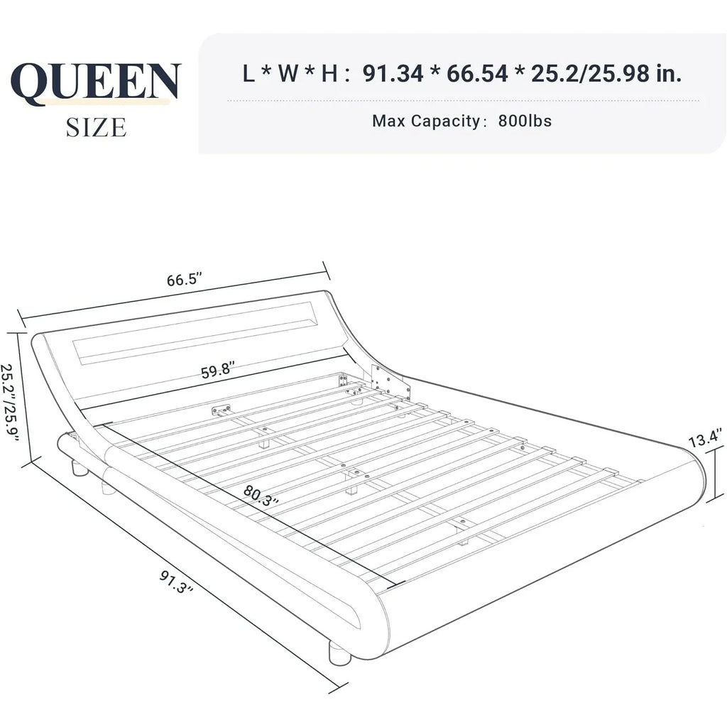 LED Platform Bed Frame with Adjustable Headboard/Need/Easy Assembly/Faux Leather Black, Customized