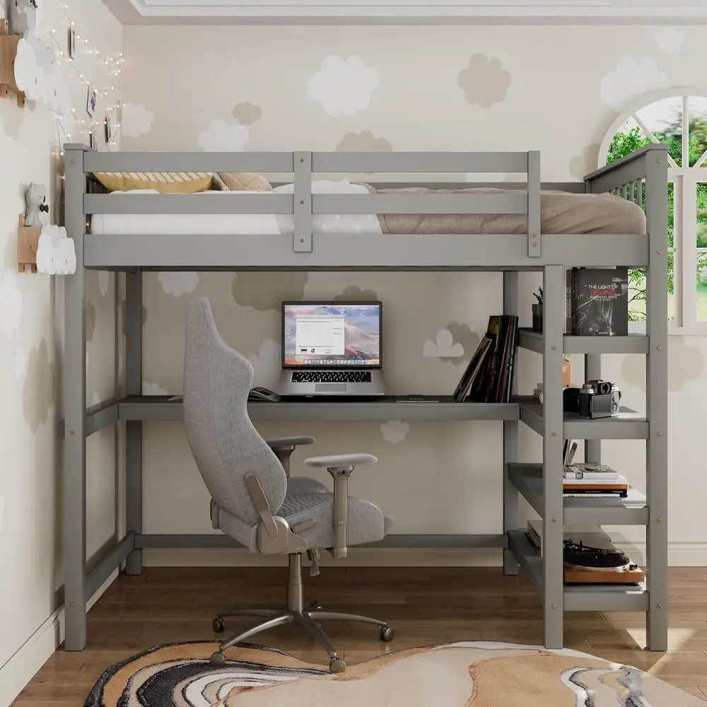Full-Size Loft Bed with Desk, 4 Storage Shelves, and Underbed Workstation