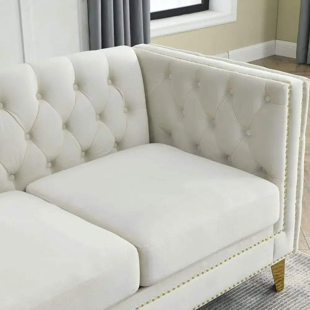 Velvet Tufted Sofa Set (Sofa & LoveSeat)with Nailhead Trims and Metal Legs